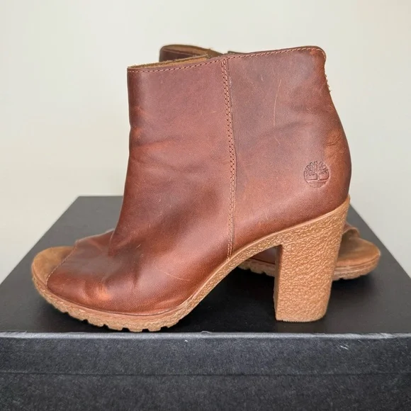 Timberland Women's Brown Leather Peep toe Ankle Booties A1IE9 - Picture 1 of 7